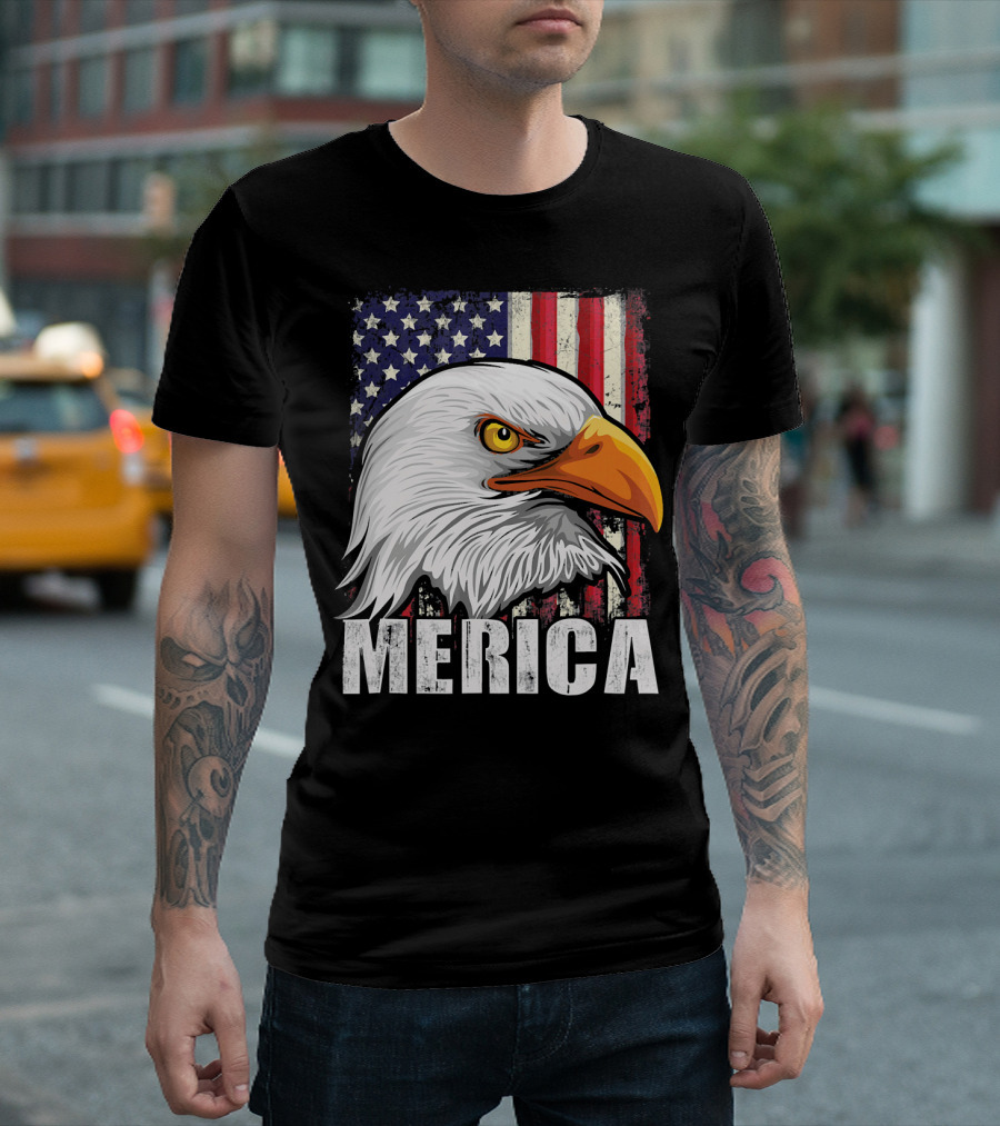 Distressed Bald Eagle Merica Patriot American Flag T-Shirt