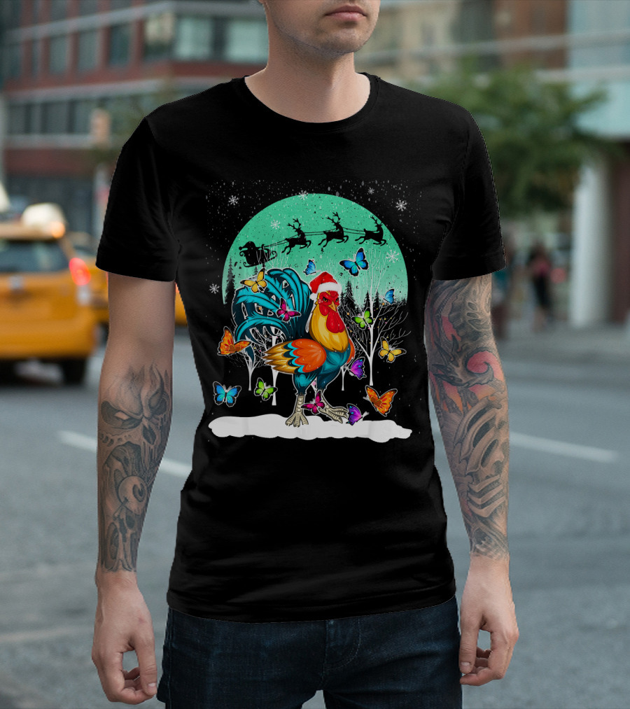 Cute Chicken Snow Christmas Butterfly Santa Claus Sleigh T-Shirt