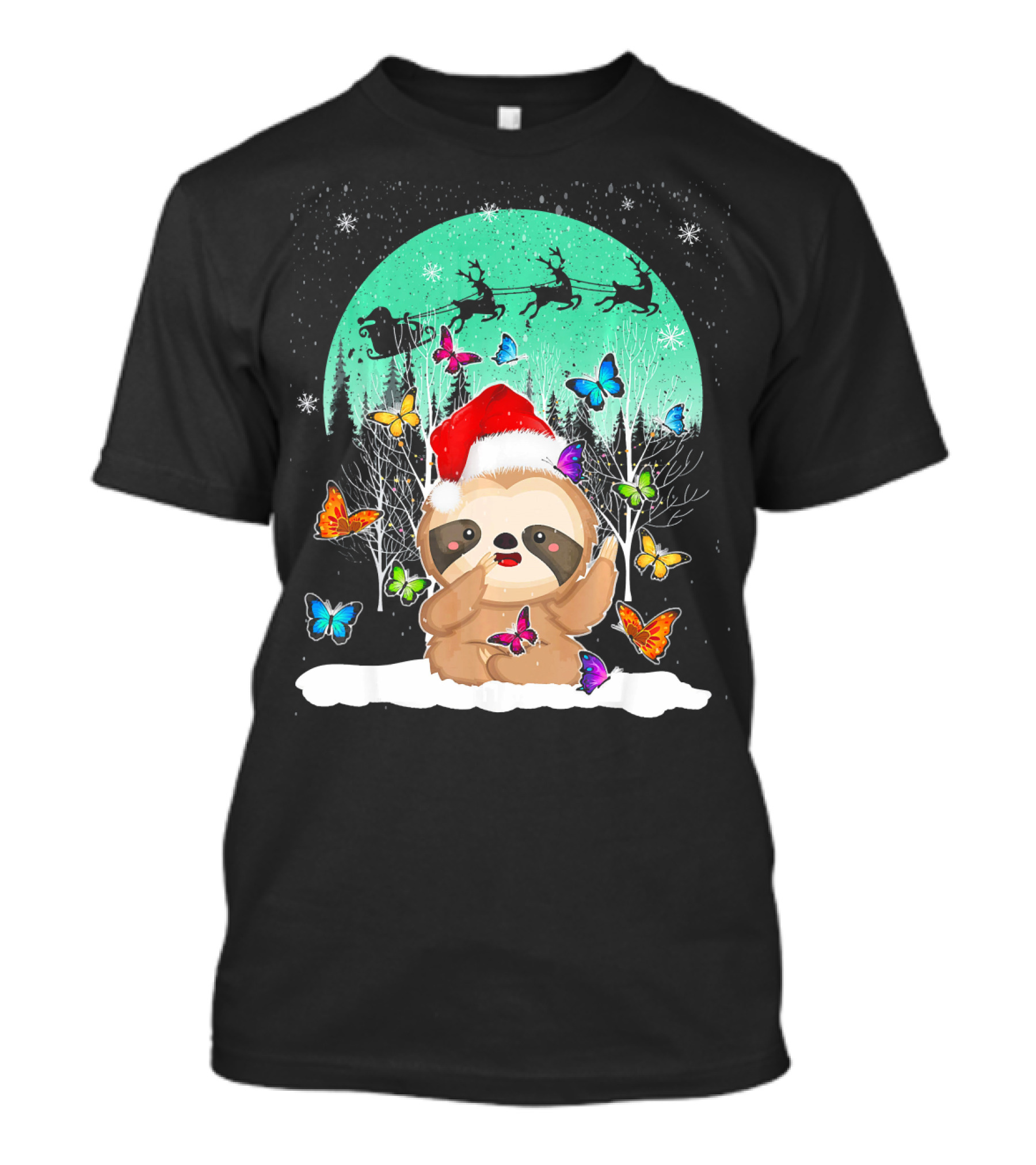 Cute Sloth Snow Christmas Santa Hat Butterfly T-Shirt