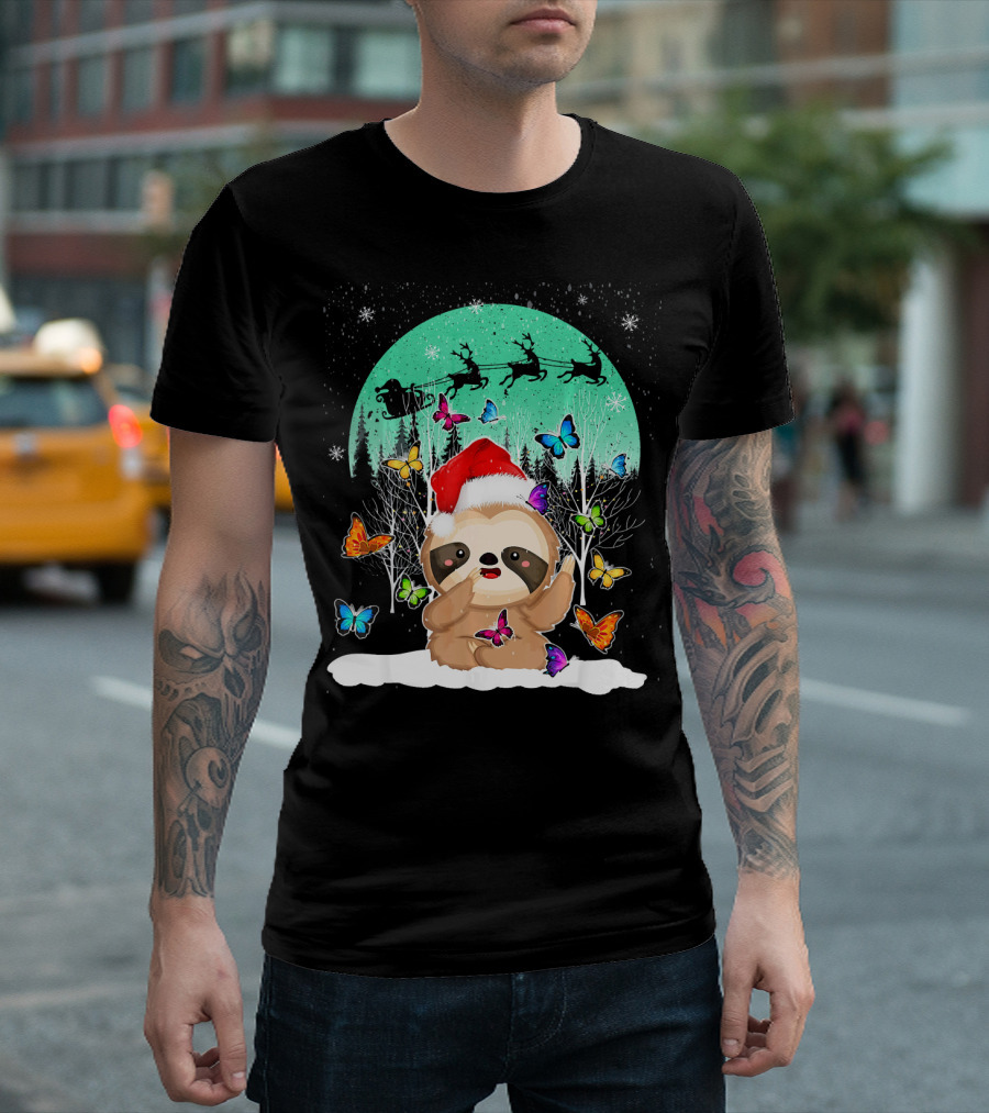 Cute Sloth Snow Christmas Santa Hat Butterfly T-Shirt
