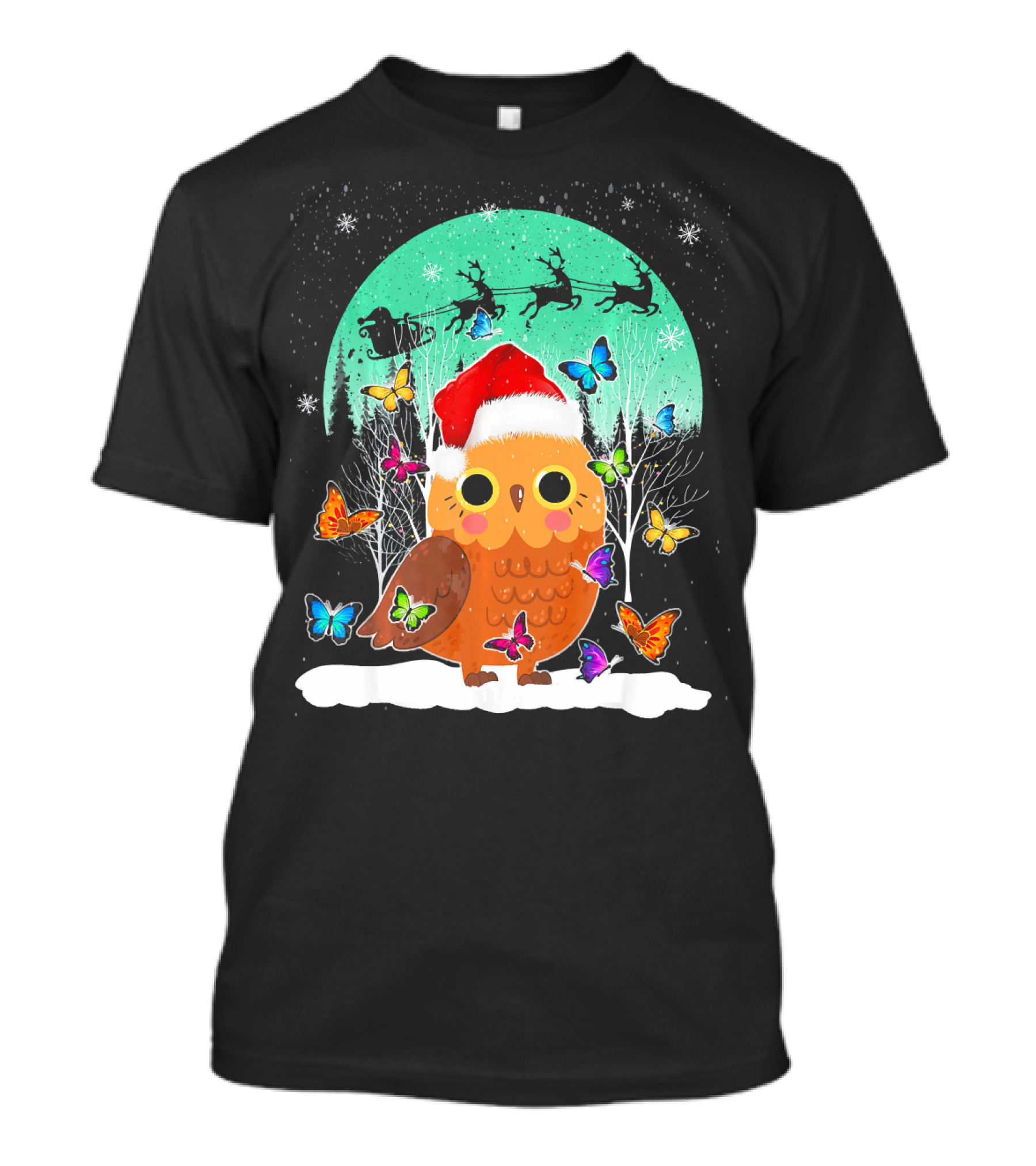 Cute Owl Snow Christmas Butterfly Ornament Santa Sky T-Shirt
