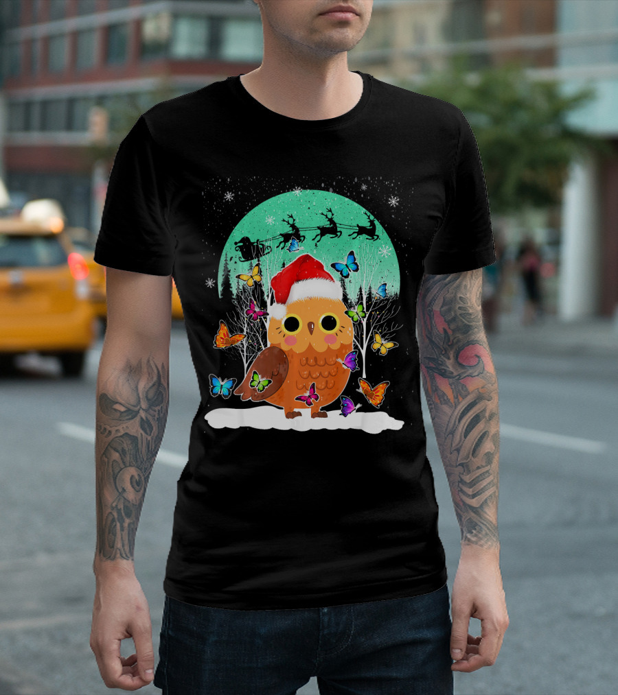 Cute Owl Snow Christmas Butterfly Ornament Santa Sky T-Shirt