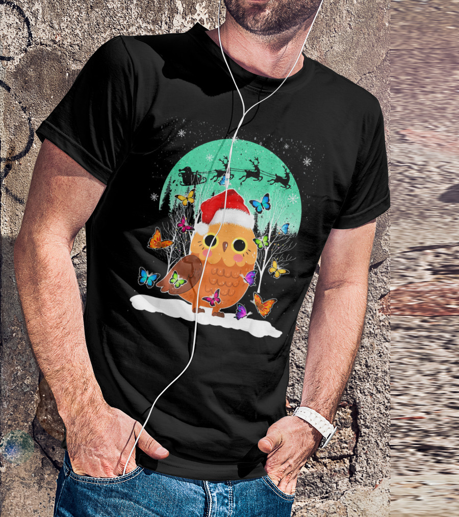 Cute Owl Snow Christmas Butterfly Ornament Santa Sky T-Shirt