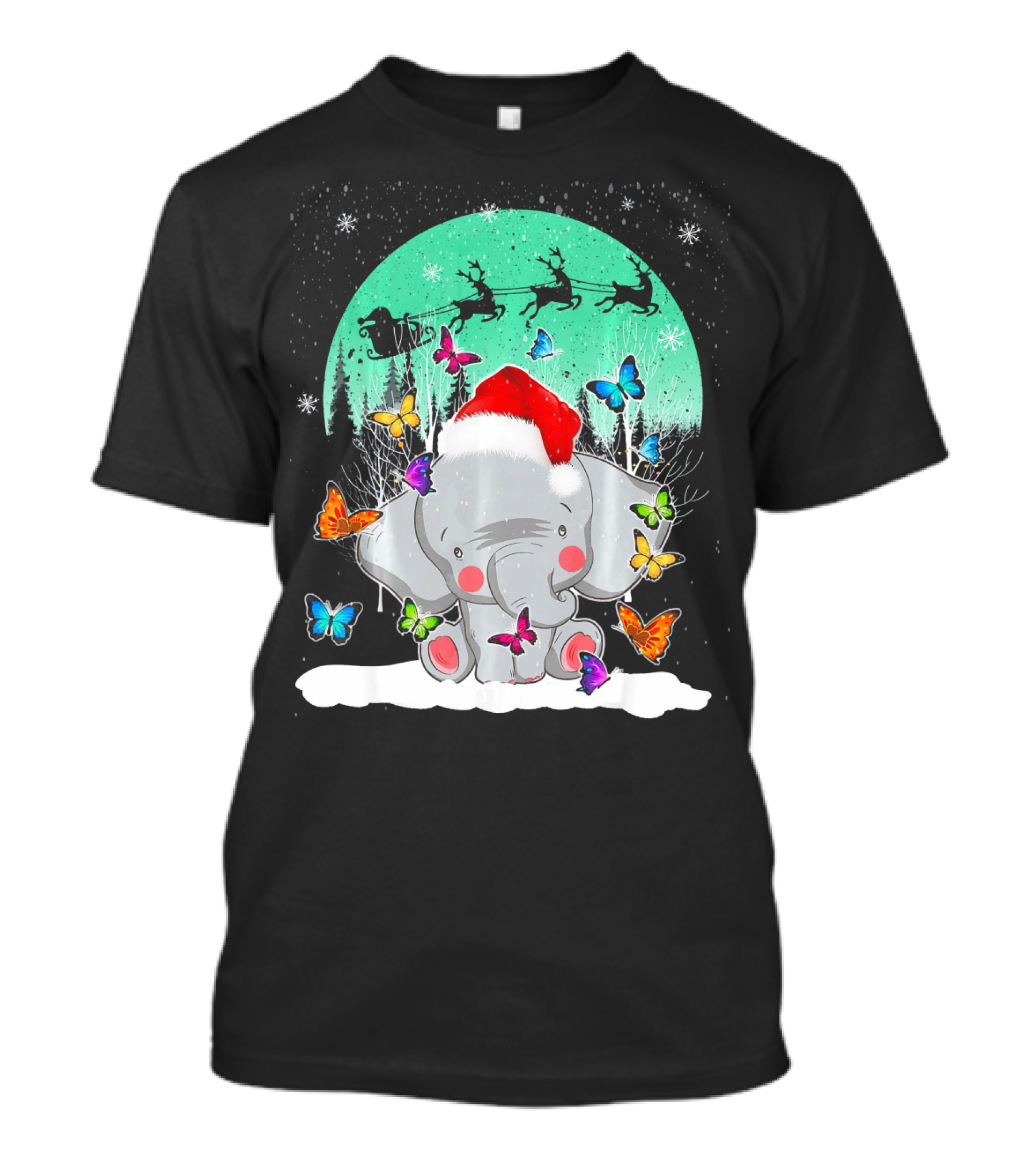 Santa Hat Elephant With Butterflies And Snowy Christmas Scene T-Shirt
