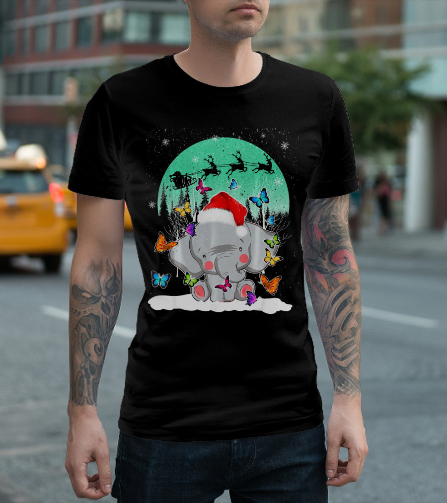 Santa Hat Elephant With Butterflies And Snowy Christmas Scene T-Shirt