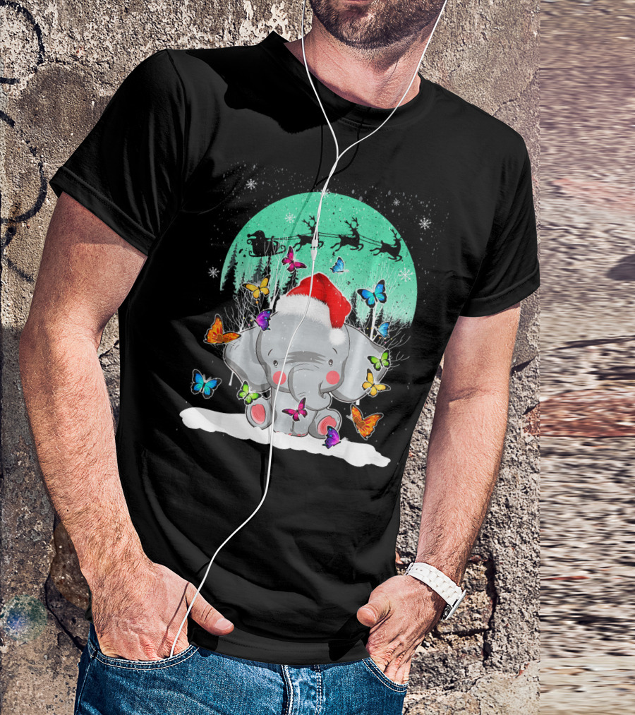 Santa Hat Elephant With Butterflies And Snowy Christmas Scene T-Shirt
