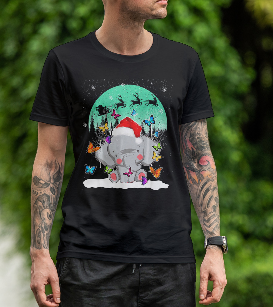 Santa Hat Elephant With Butterflies And Snowy Christmas Scene T-Shirt