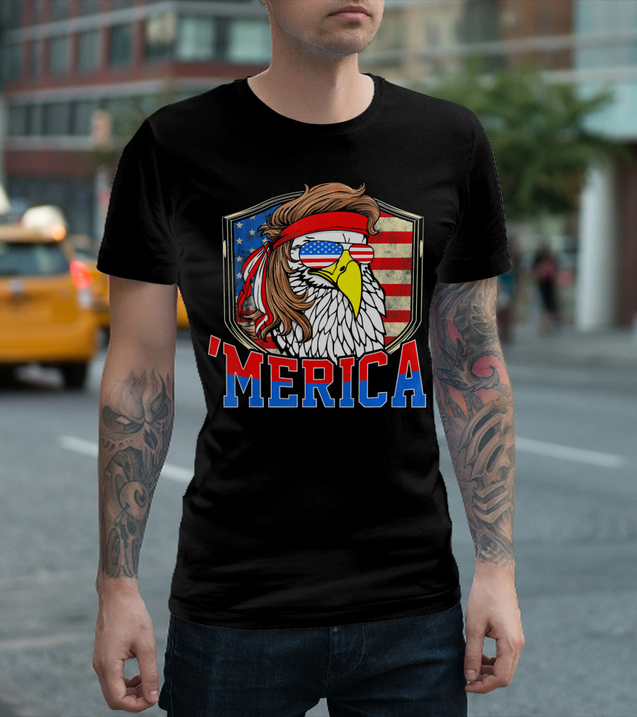 'MERICA Eagle with Mullet and American Flag Sunglasses for July 4th T-Shirt