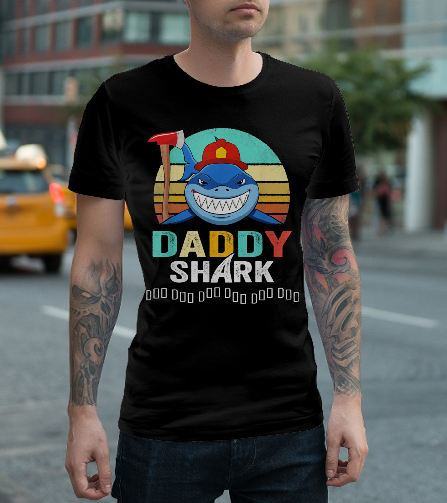 Daddy Shark Firefighter Axe Sunset T-Shirt