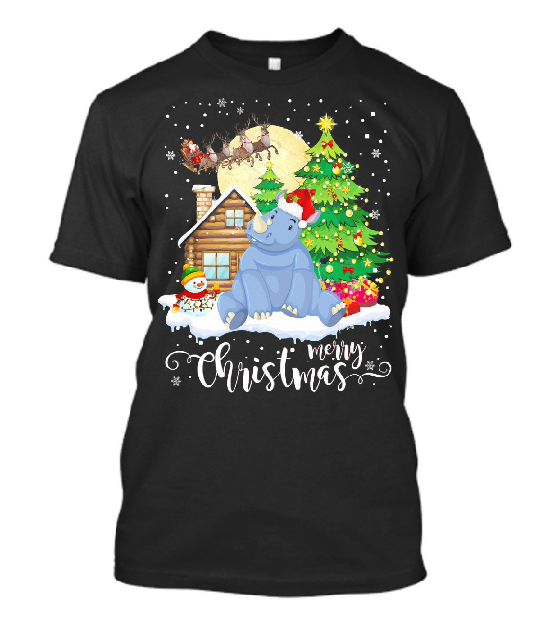 Merry Christmas Funny Cute Rhino In Santa Hat With Snowman And Santa Sleigh T-Shirt
