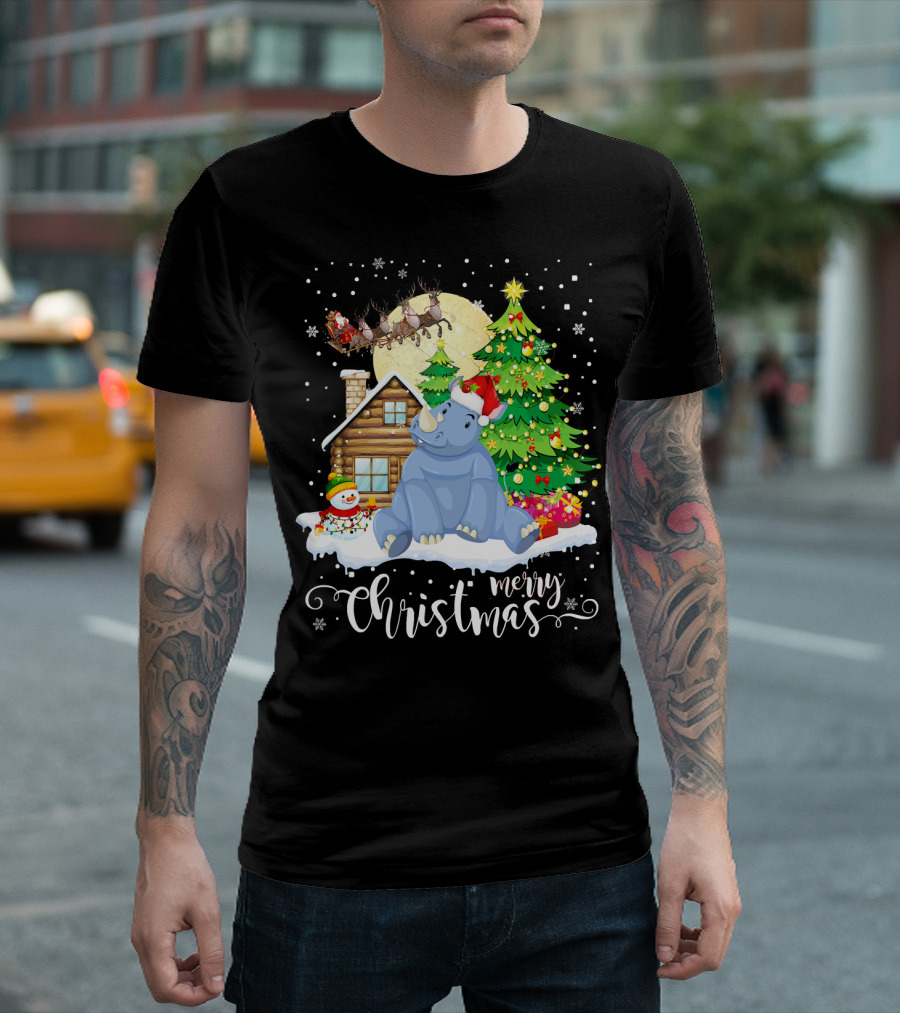 Merry Christmas Funny Cute Rhino In Santa Hat With Snowman And Santa Sleigh T-Shirt