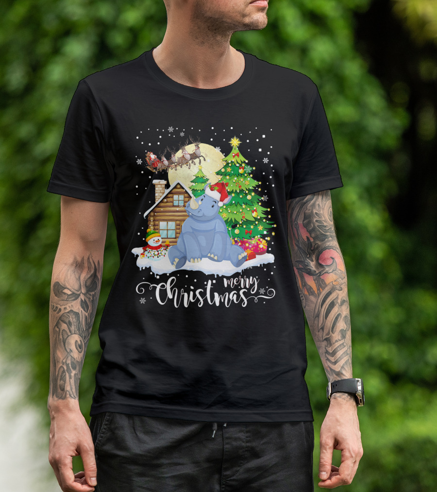 Merry Christmas Funny Cute Rhino In Santa Hat With Snowman And Santa Sleigh T-Shirt