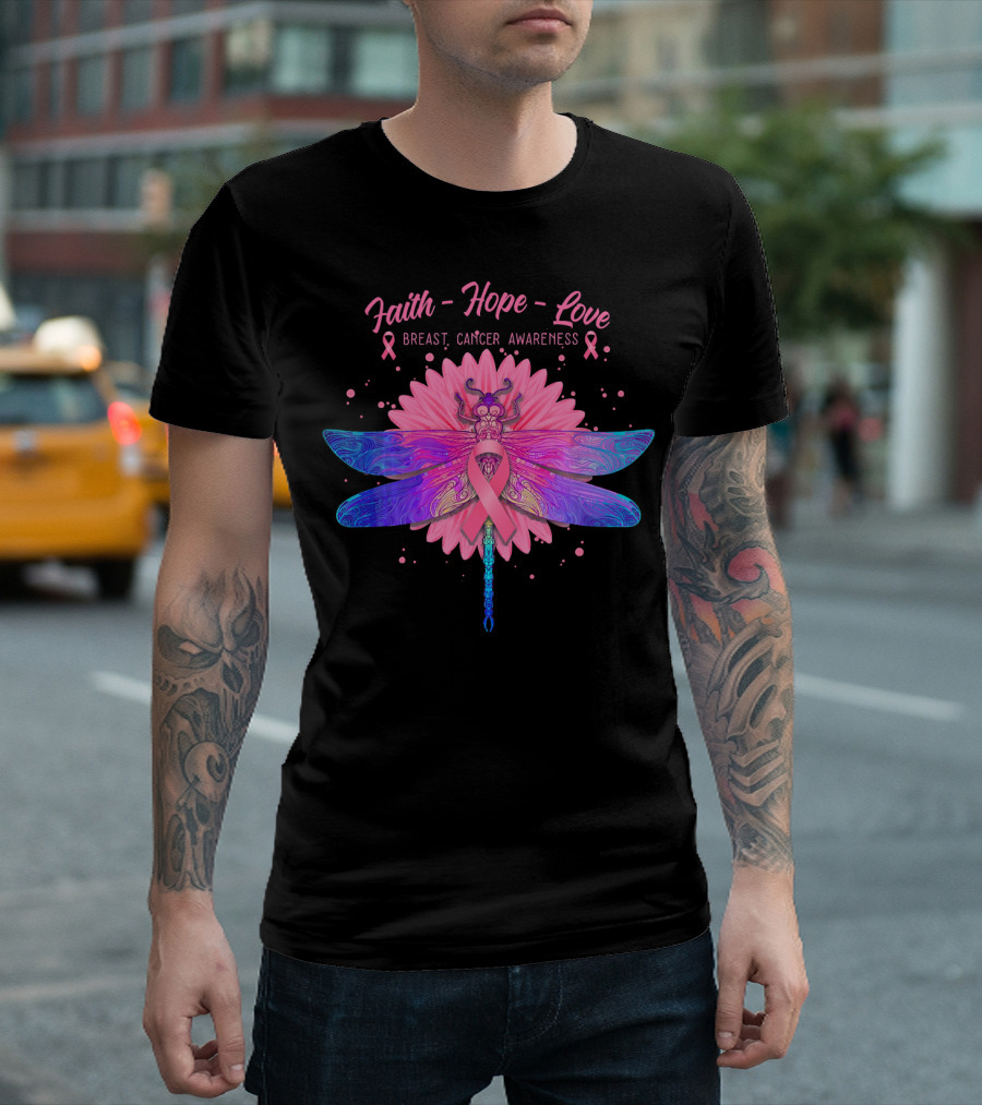 Faith Hope Love Breast Cancer Awareness Dragonfly Flower T-Shirt