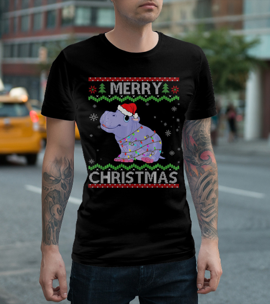 Merry Christmas Funny Hippopotamus Ugly Lights T-Shirt