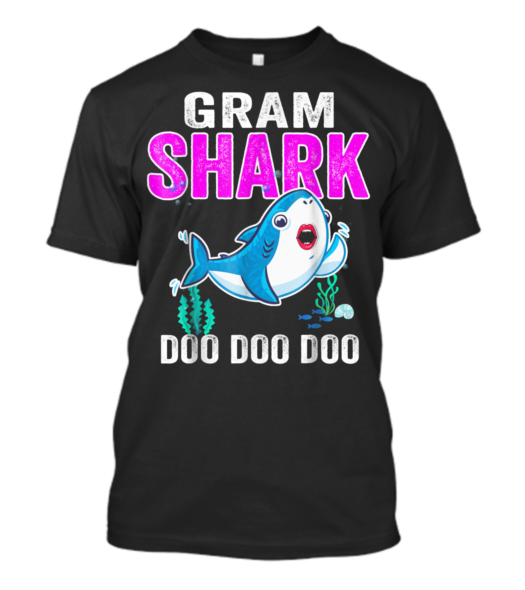 GRAM SHARK DOO DOO DOO Swimming Cartoon Shark With Ocean Plants T-Shirt