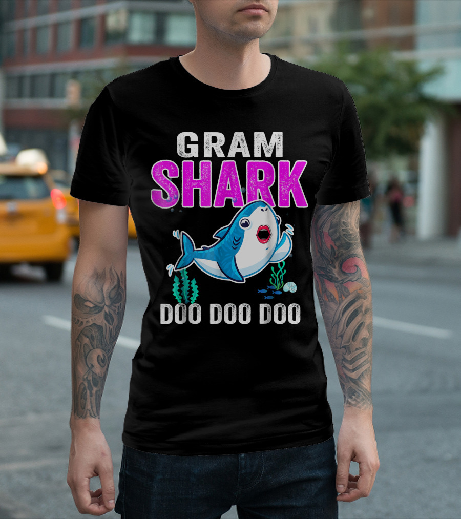 GRAM SHARK DOO DOO DOO Swimming Cartoon Shark With Ocean Plants T-Shirt