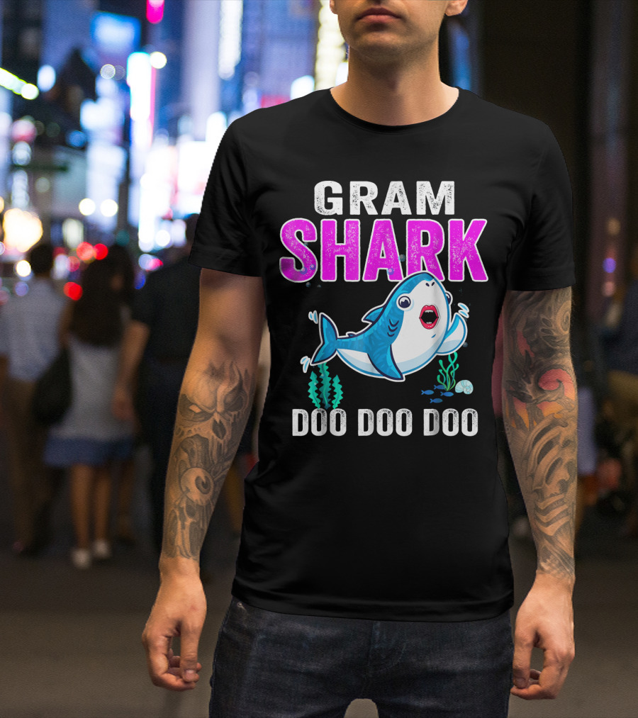 GRAM SHARK DOO DOO DOO Swimming Cartoon Shark With Ocean Plants T-Shirt