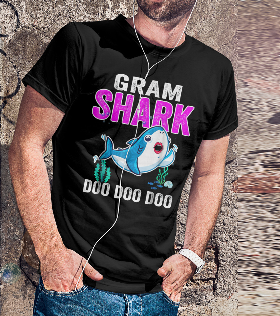 GRAM SHARK DOO DOO DOO Swimming Cartoon Shark With Ocean Plants T-Shirt