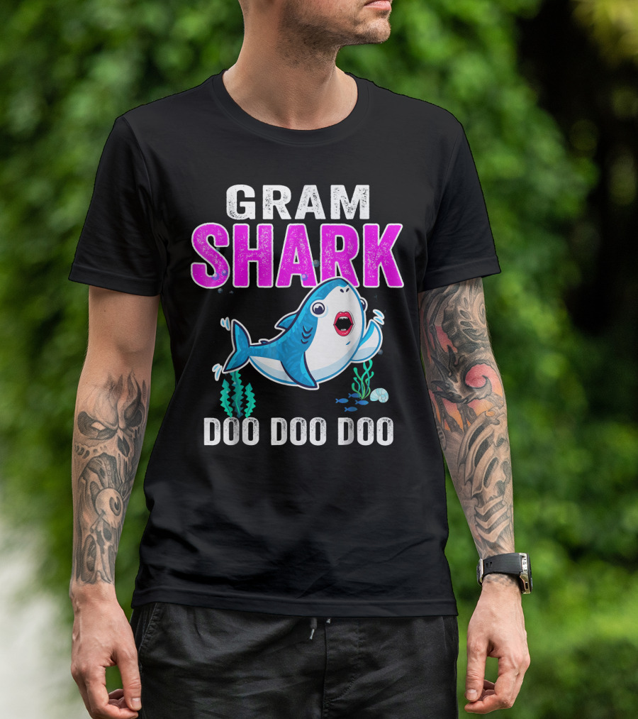 GRAM SHARK DOO DOO DOO Swimming Cartoon Shark With Ocean Plants T-Shirt