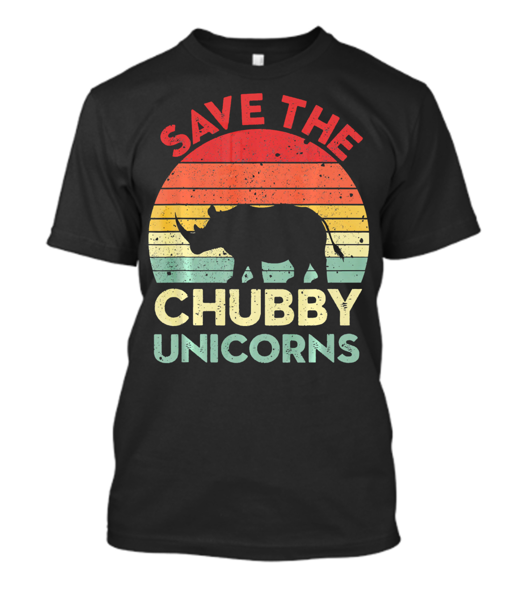 Save The Chubby Unicorns Distressed Vintage Rhino Silhouette Retro Sunset T-Shirt