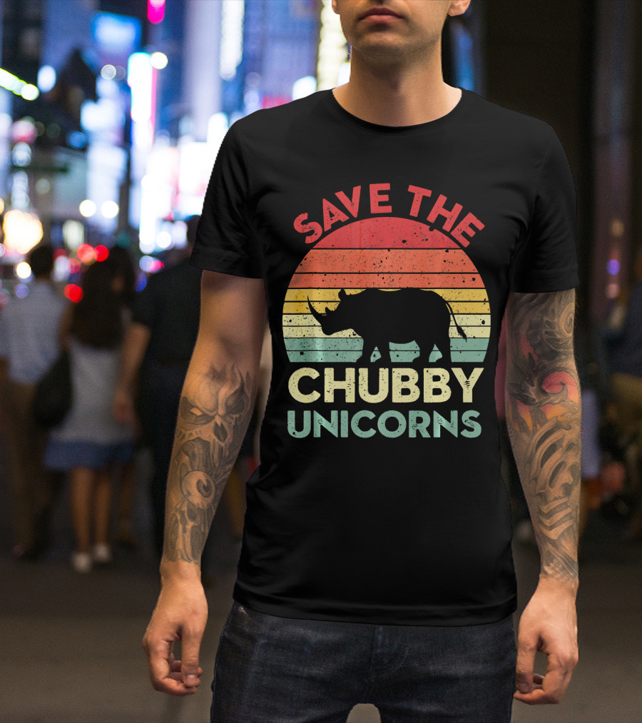 Save The Chubby Unicorns Distressed Vintage Rhino Silhouette Retro Sunset T-Shirt