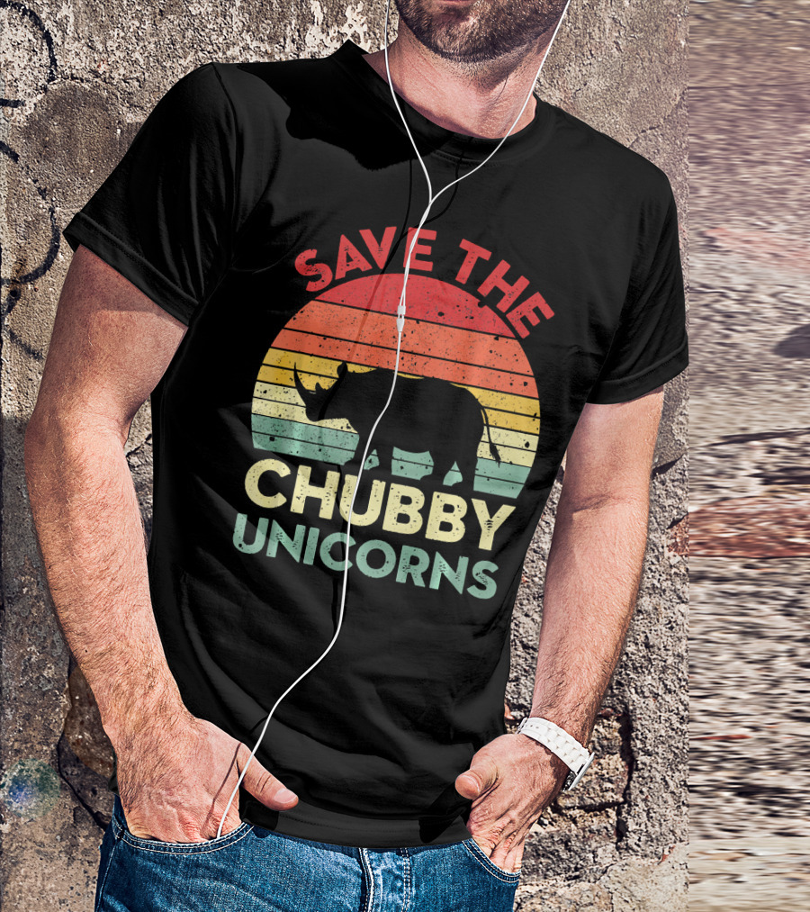 Save The Chubby Unicorns Distressed Vintage Rhino Silhouette Retro Sunset T-Shirt