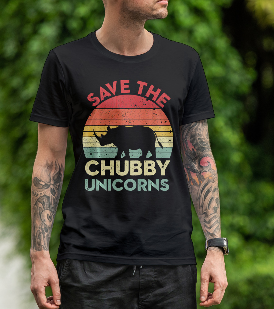 Save The Chubby Unicorns Distressed Vintage Rhino Silhouette Retro Sunset T-Shirt