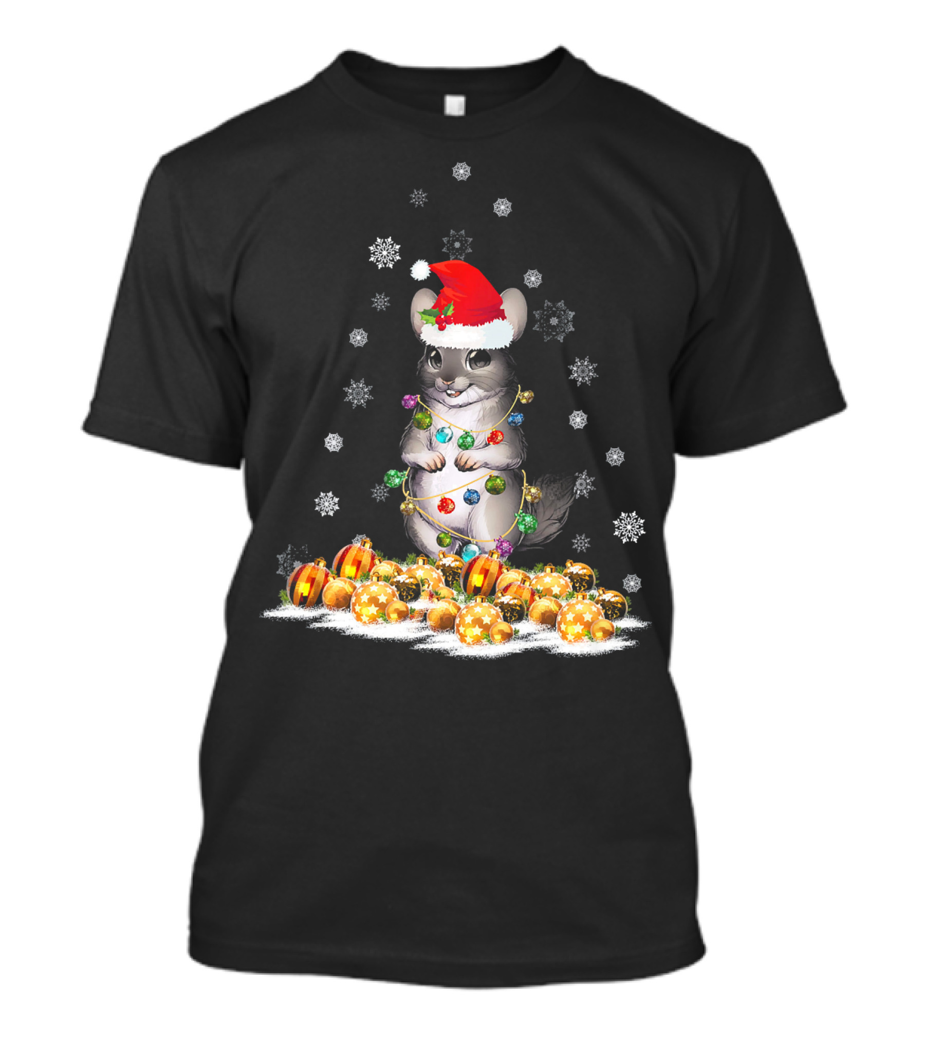 Funny Cute Chinchilla With Christmas Hat And Light Surrounded By Ornaments And Snowflakes T-Shirt