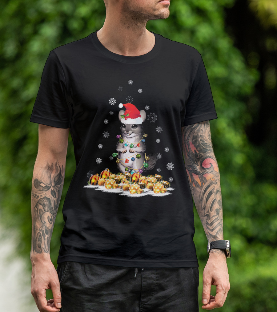 Funny Cute Chinchilla With Christmas Hat And Light Surrounded By Ornaments And Snowflakes T-Shirt