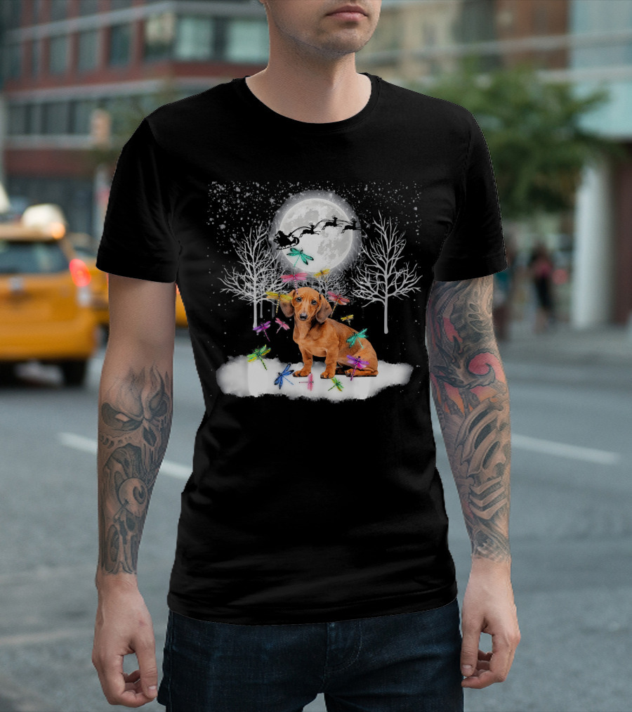 Dachshund with Colorful Dragonflies in Snowy Christmas Scene T-Shirt