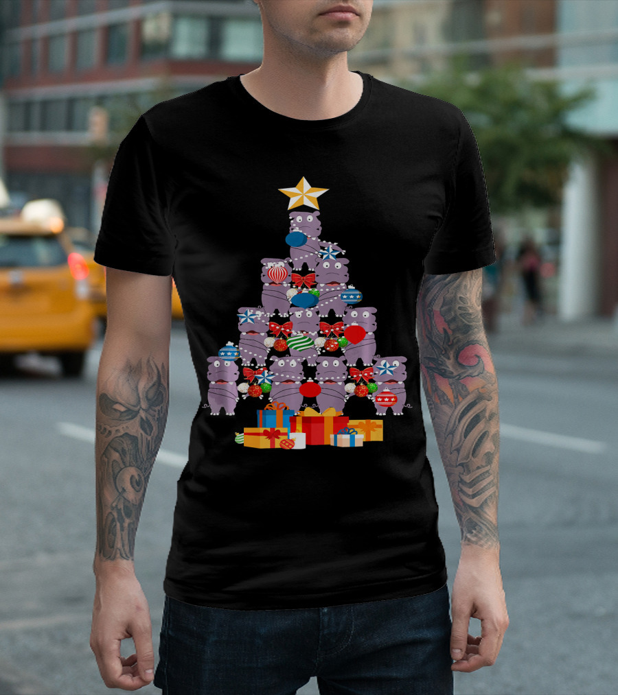 Flossing Hippopotamus Christmas Tree with Gifts and Ornaments T-Shirt