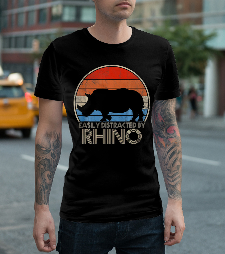 Retro Sunset Easily Distracted By Rhino T-Shirt