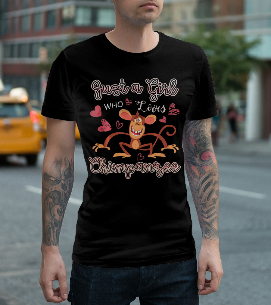 Just a Girl Who Loves Chimpanzee with Cartoon Hearts and Smiling Monkey T-Shirt