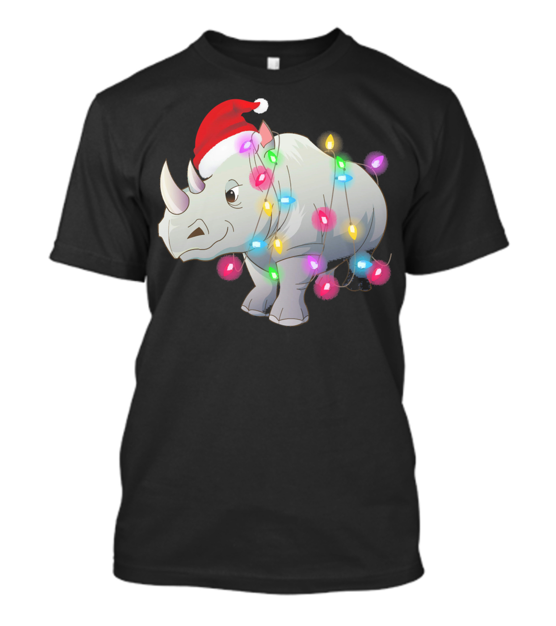 Santa Hat Rhino Wrapped In Colorful Christmas Lights T-Shirt