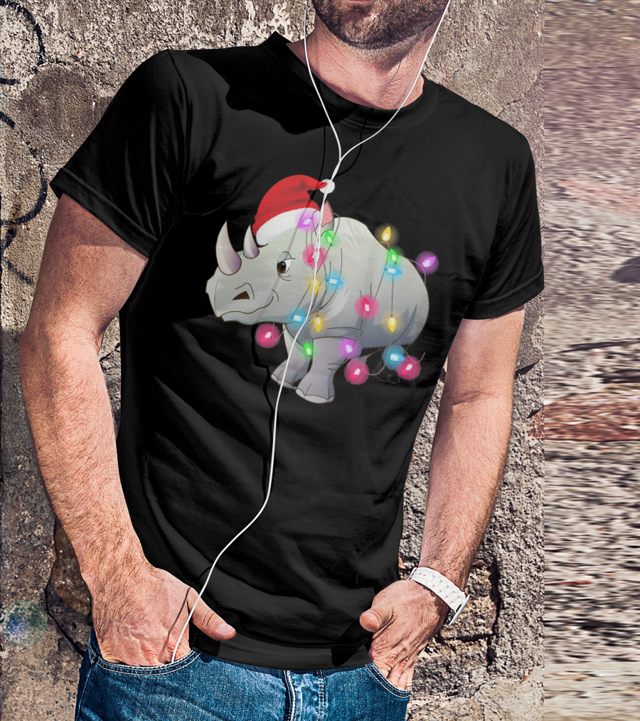 Santa Hat Rhino Wrapped In Colorful Christmas Lights T-Shirt
