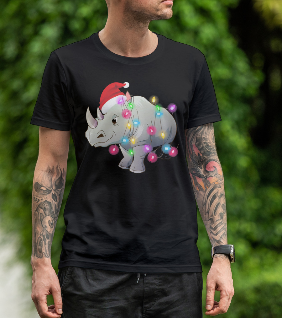 Santa Hat Rhino Wrapped In Colorful Christmas Lights T-Shirt
