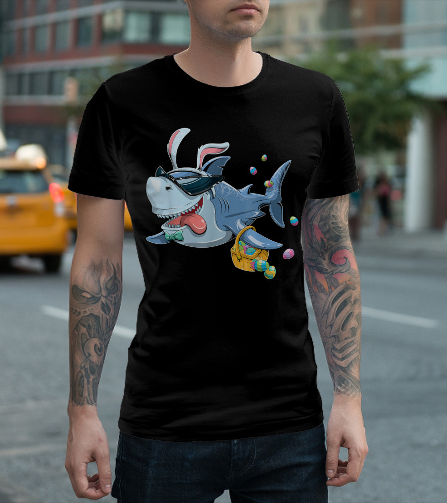 Easter with Cool Shark Wearing Bunny Ears Sunglasses and Carrying Colorful Eggs T-Shirt