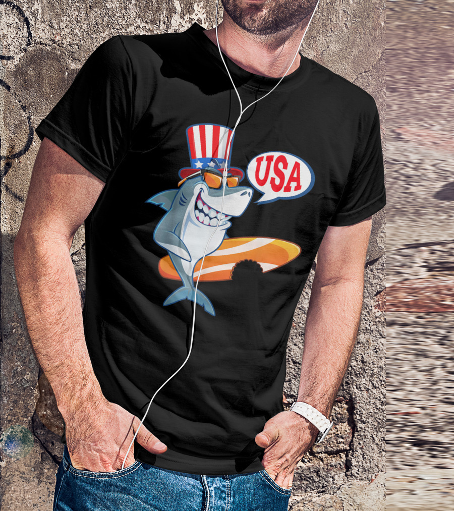 USA Fourth Of July Daddy Shark U Patriotic Hat Surfboard T-Shirt
