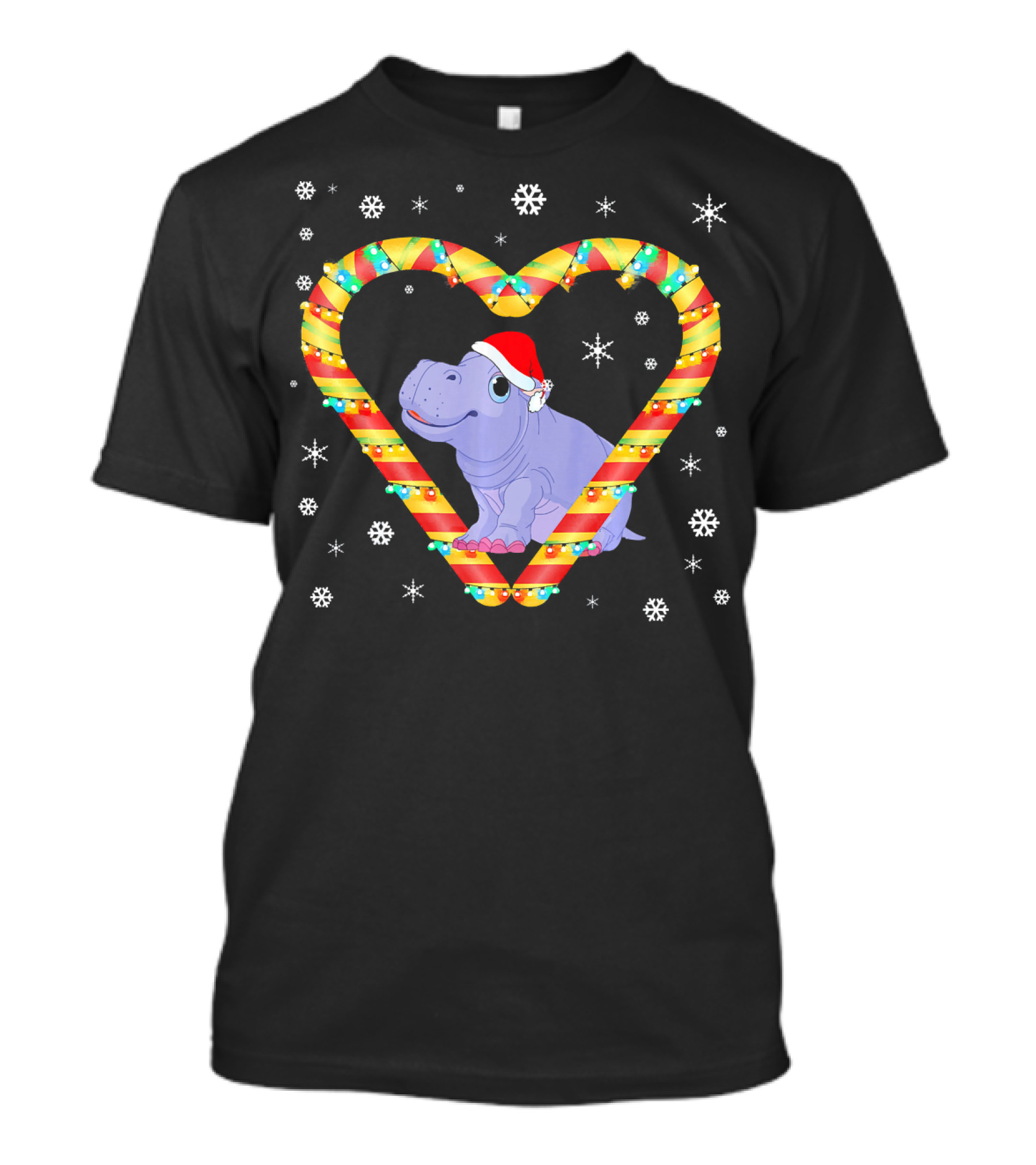 Cute Hippopotamus Candy Cane Heart Christmas Snowflakes T-Shirt