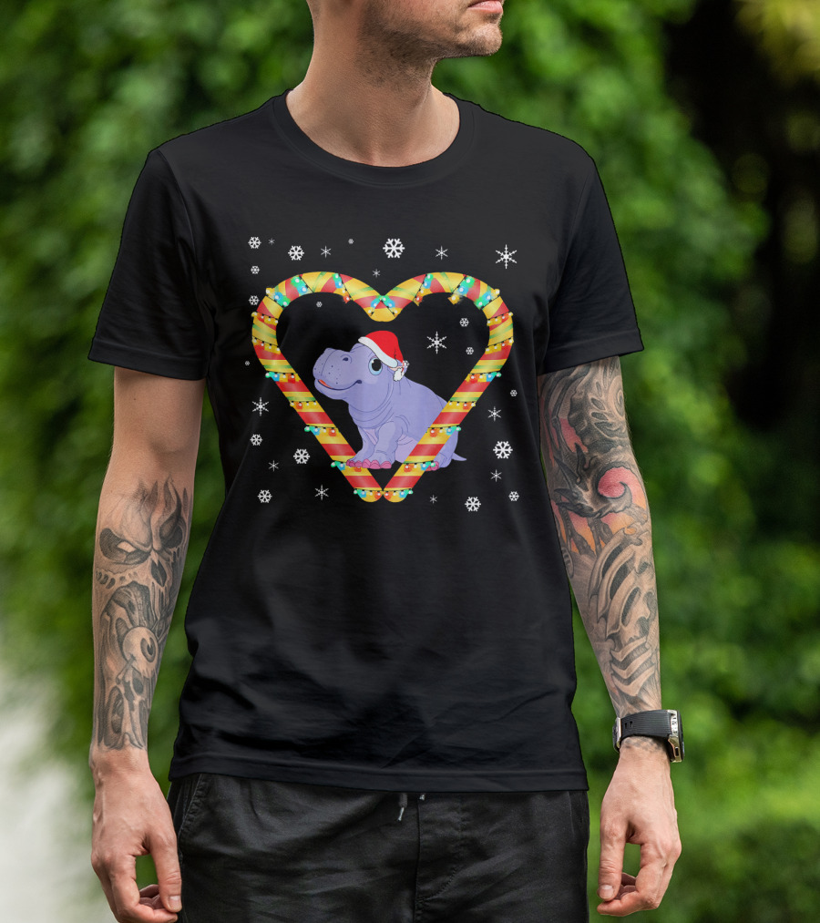 Cute Hippopotamus Candy Cane Heart Christmas Snowflakes T-Shirt