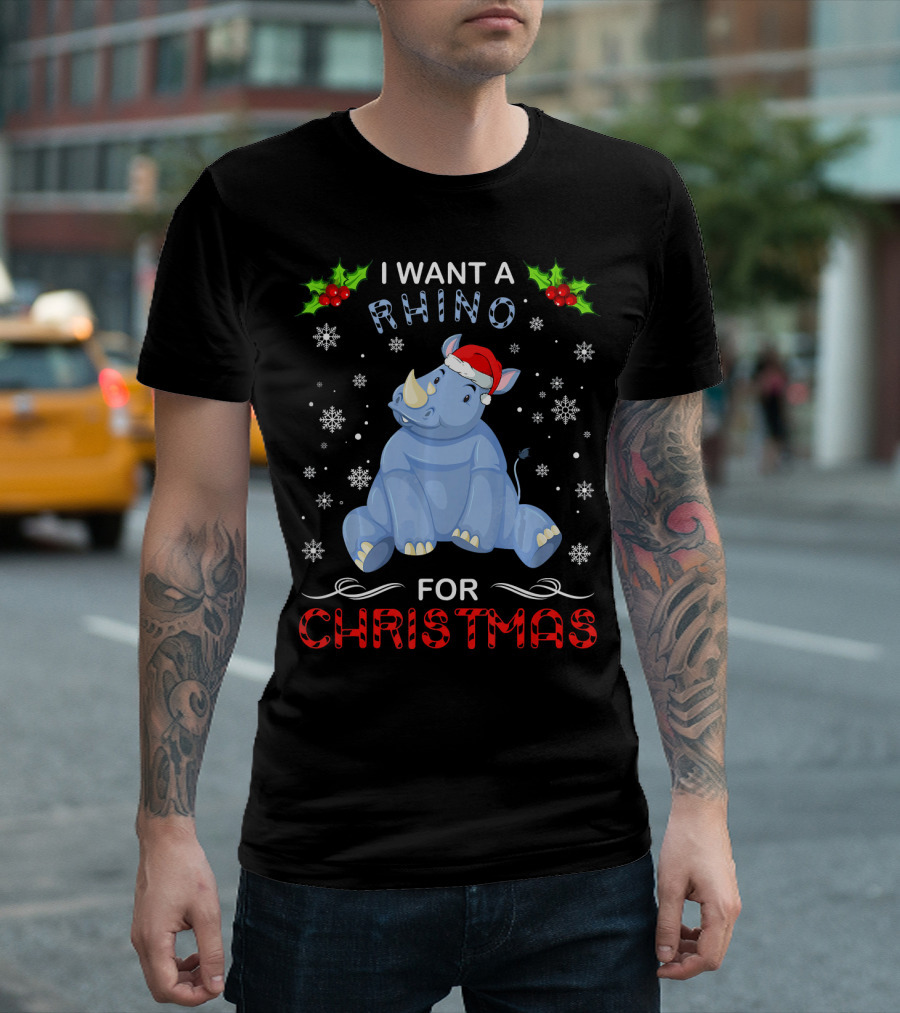 I Want A Rhino For Christmas Santa Hat Holiday Humor T-Shirt