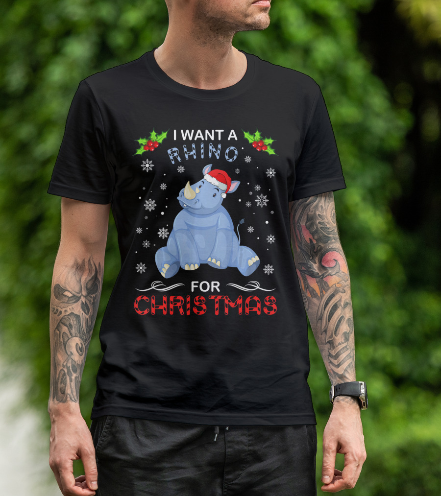 I Want A Rhino For Christmas Santa Hat Holiday Humor T-Shirt