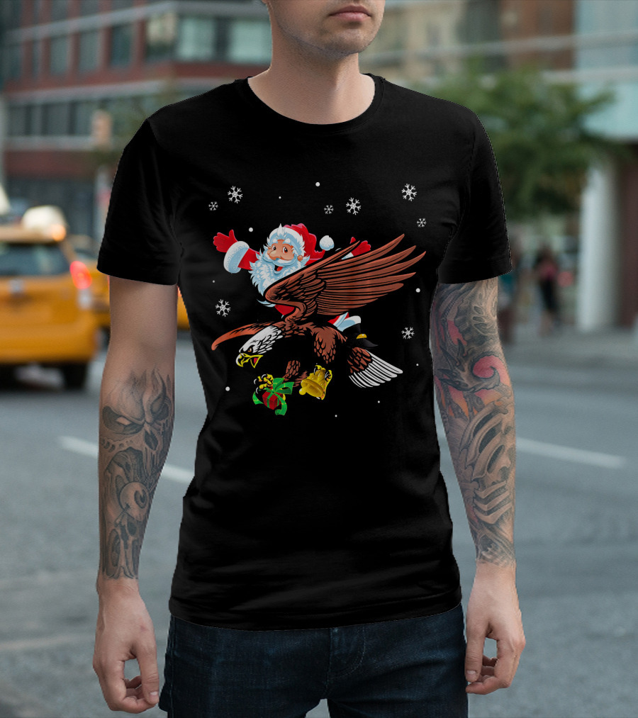 Funny Santa Claus on Eagle with Bells and Snowflakes T-Shirt