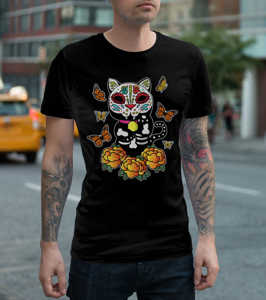 Dia de los Muertos Monarch Butterfly Sugar Skull Cat with Marigold Flowers T-Shirt