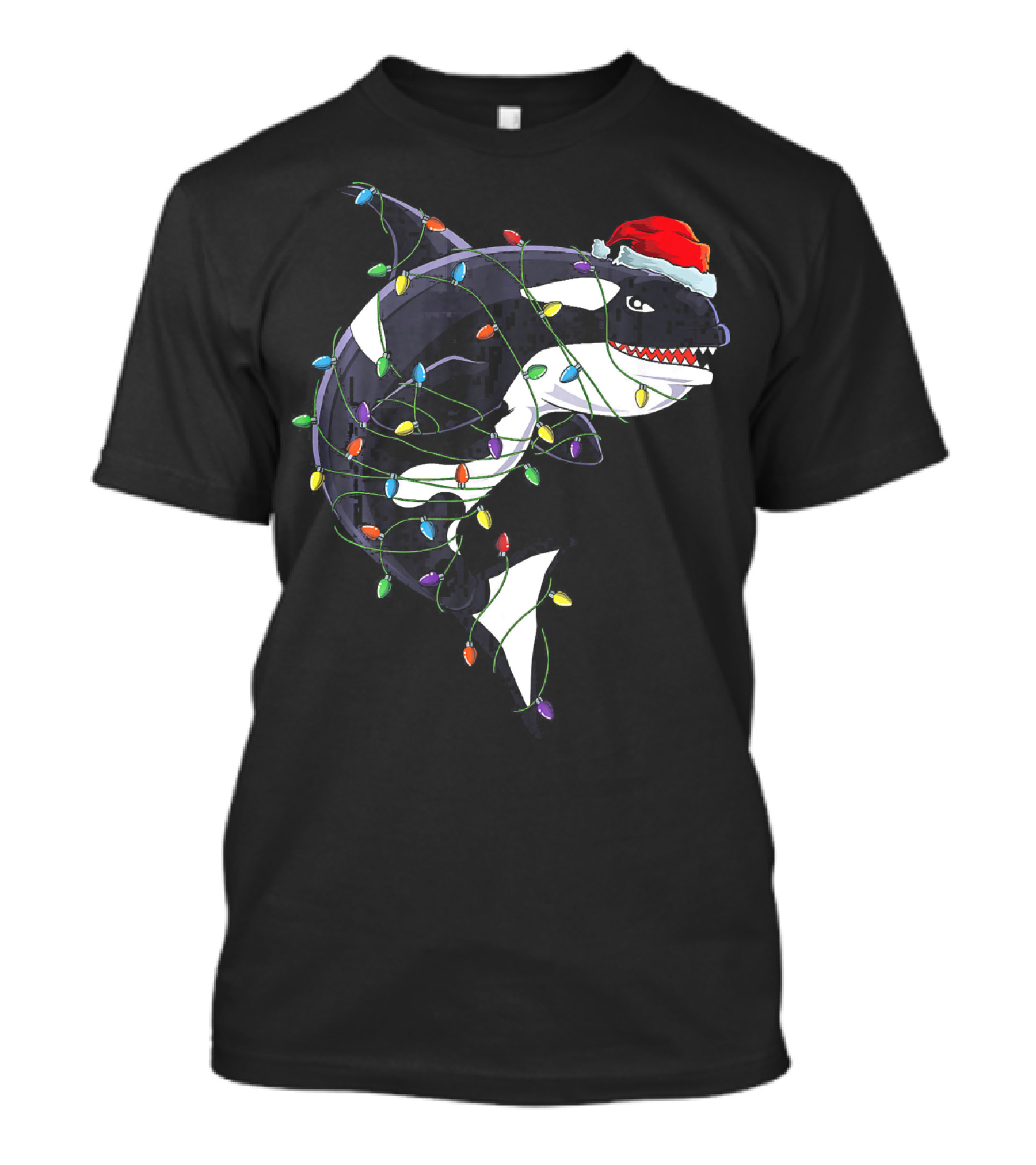 Killer Whale Wrapped In Christmas Lights With Santa Claus Hat T-Shirt