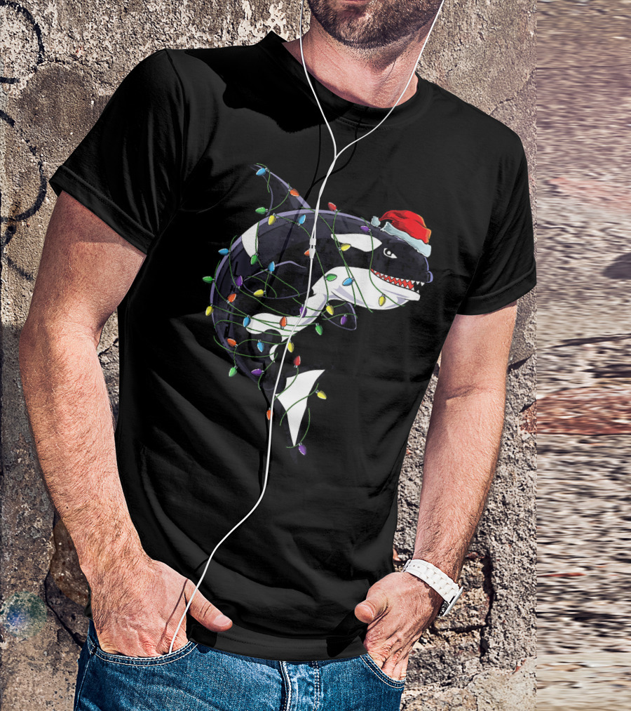 Killer Whale Wrapped In Christmas Lights With Santa Claus Hat T-Shirt