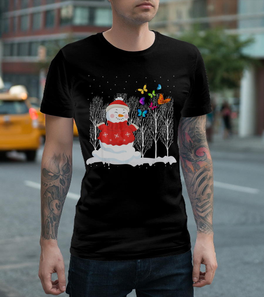 Snowman with Colorful Butterflies in Snowy Forest T-Shirt