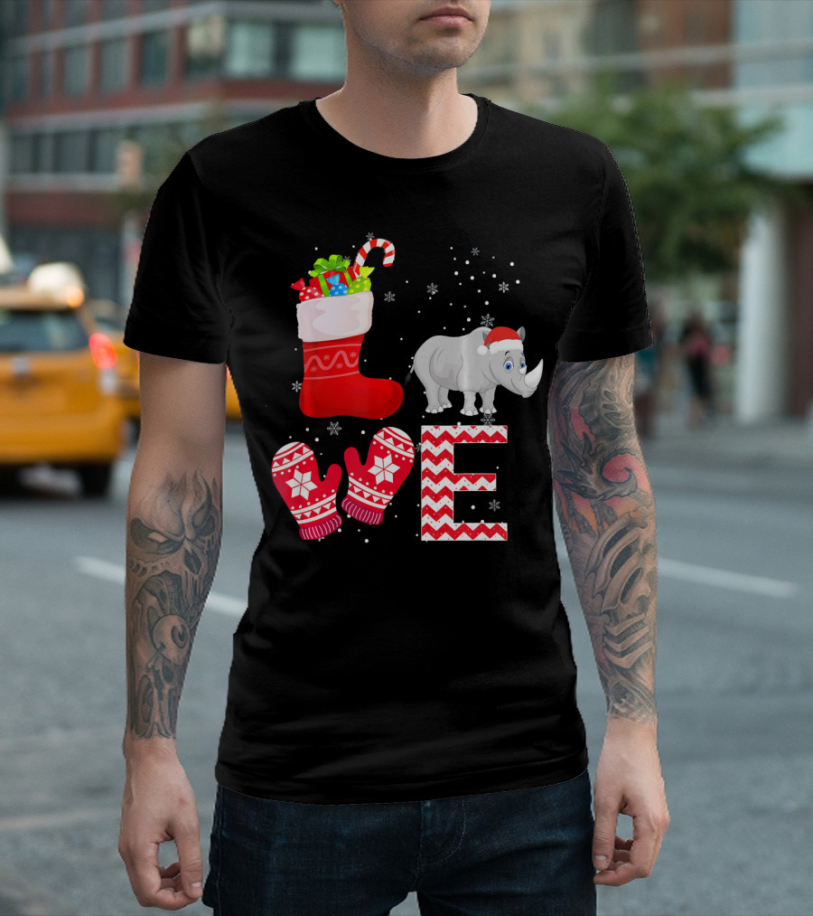 Funny Christmas Rhino Santa Hat Stocking Gift Love T-Shirt