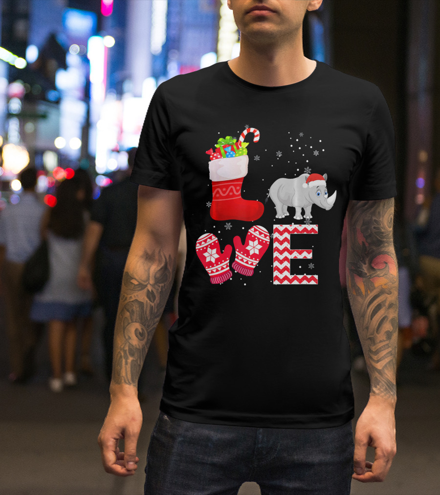 Funny Christmas Rhino Santa Hat Stocking Gift Love T-Shirt