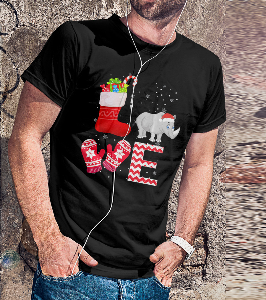 Funny Christmas Rhino Santa Hat Stocking Gift Love T-Shirt